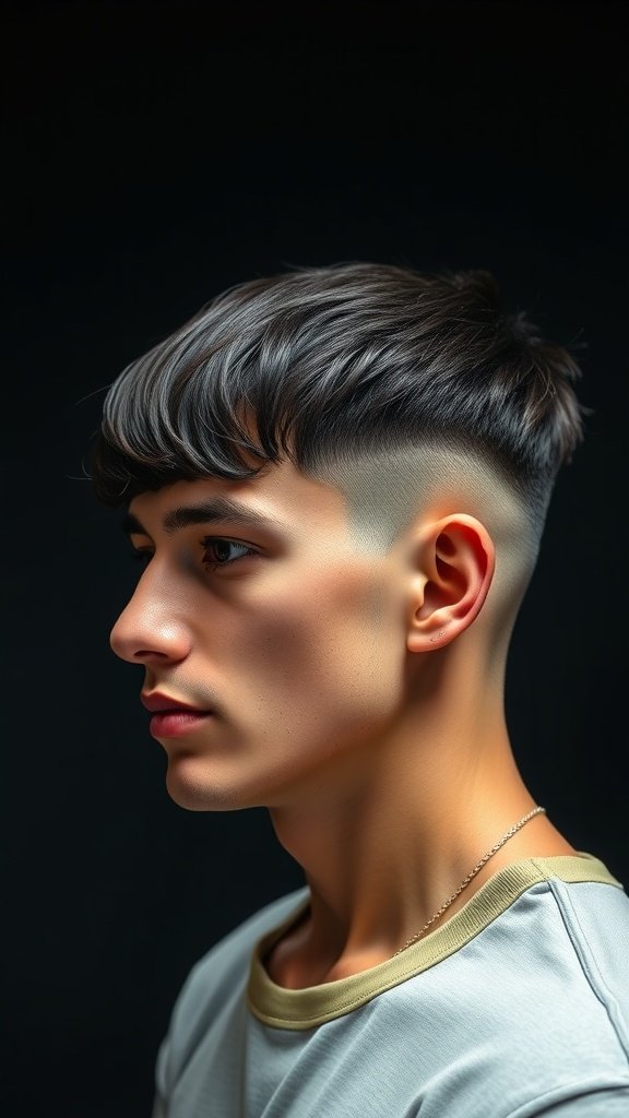 A young man with a low taper fade and bowl cut hairstyle, showcasing a clean and stylish look.