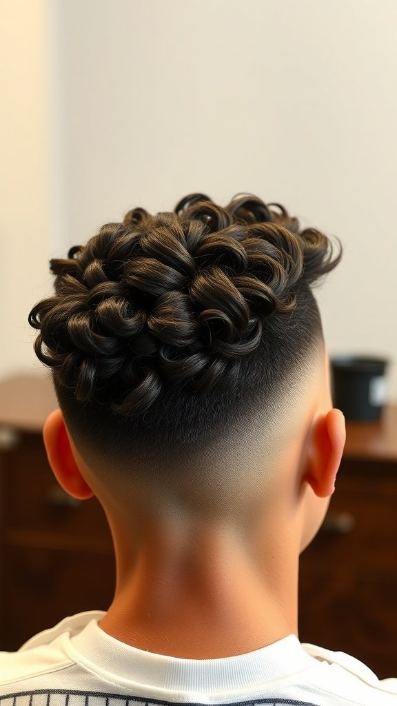A man with a low taper fade haircut featuring defined curls on top.