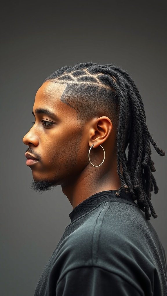 A man with a low taper fade haircut and dreadlocks, showcasing a stylish and modern look.