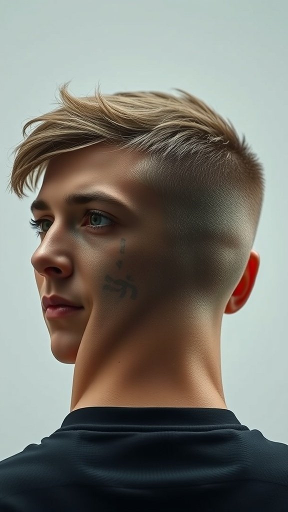 A young man with a low taper fade haircut and edgy styling, showcasing a clean silhouette and textured top.