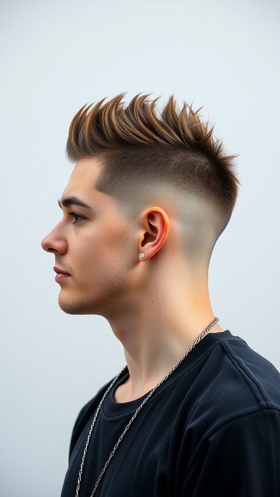 A young man with a low taper fade and faux hawk hairstyle, showcasing a modern and stylish look.