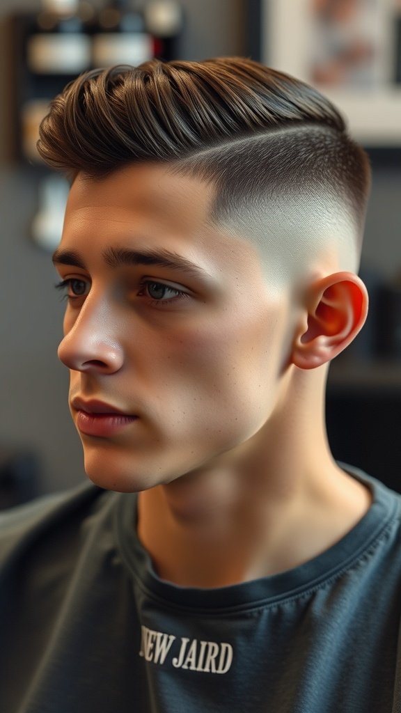 A young man with a low taper fade haircut featuring a hard part, styled with textured waves on top.