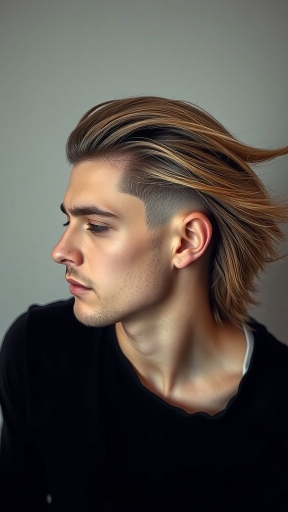 A man with a low taper fade haircut and long hair styled back.