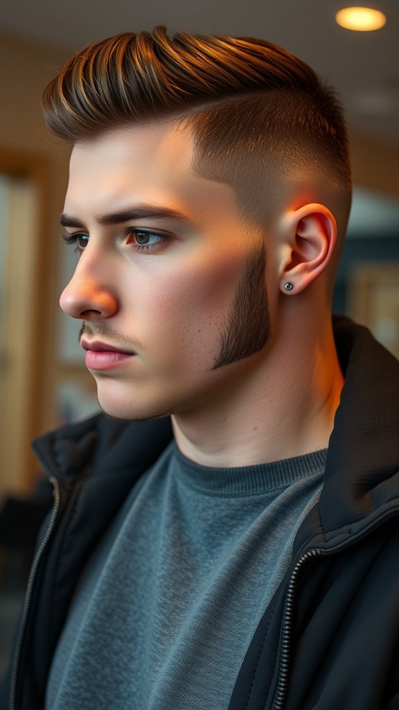 A young man with a low taper fade haircut and long sideburns, styled with volume on top.