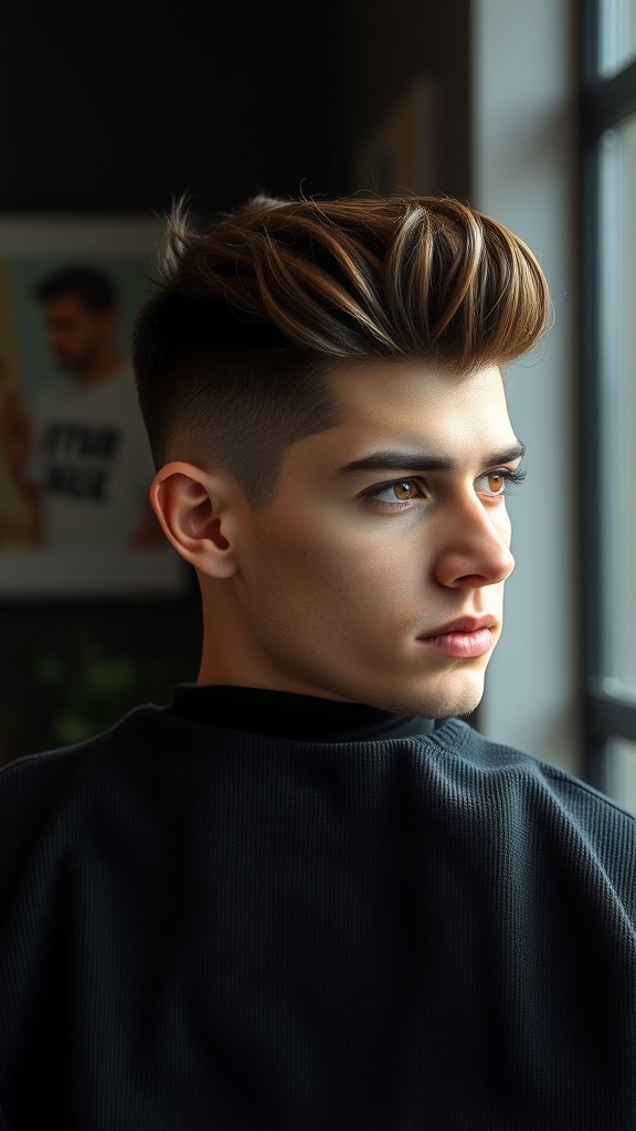 A young man with a low taper fade haircut and a long textured top, showcasing a stylish and modern look.