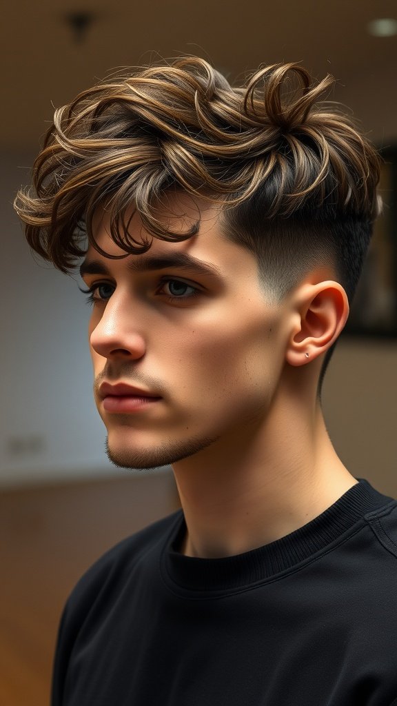 A young man with a low taper fade haircut featuring loose curls on top.
