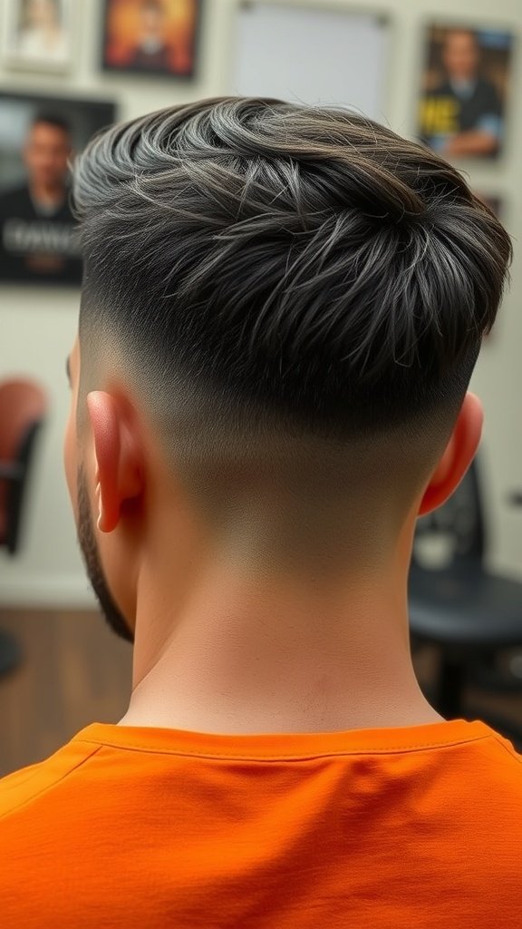 A stylish low taper fade haircut with textured top and faded sides.