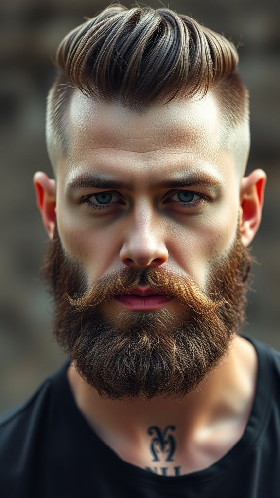 A man with a low taper fade haircut, styled pompadour, and a well-groomed beard.