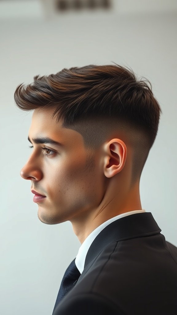 A young man with a low taper fade haircut, dressed in a suit, showcasing a professional look.