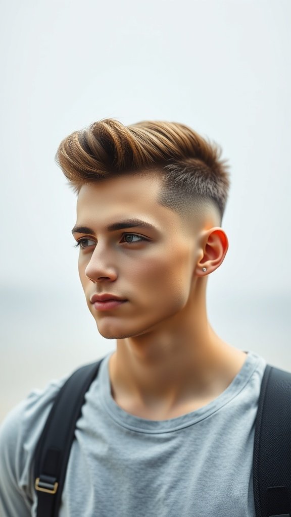A young man with a low taper fade haircut and quiff hairstyle, wearing a casual shirt and backpack.