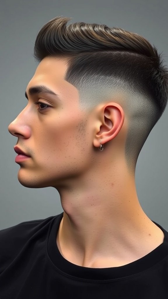 A man showcasing a low taper fade haircut with sharp edges, styled neatly on top and tapered on the sides.