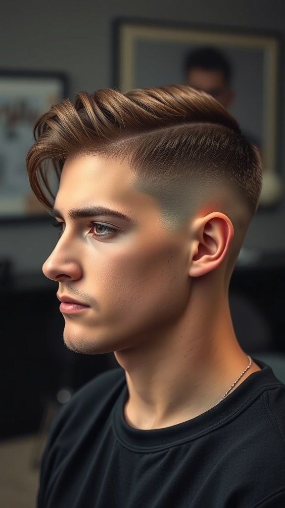 A young man with a low taper fade haircut and a side part, showcasing a stylish and modern look.