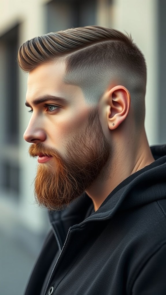 A man with a low taper fade haircut, side part, and a well-groomed beard.