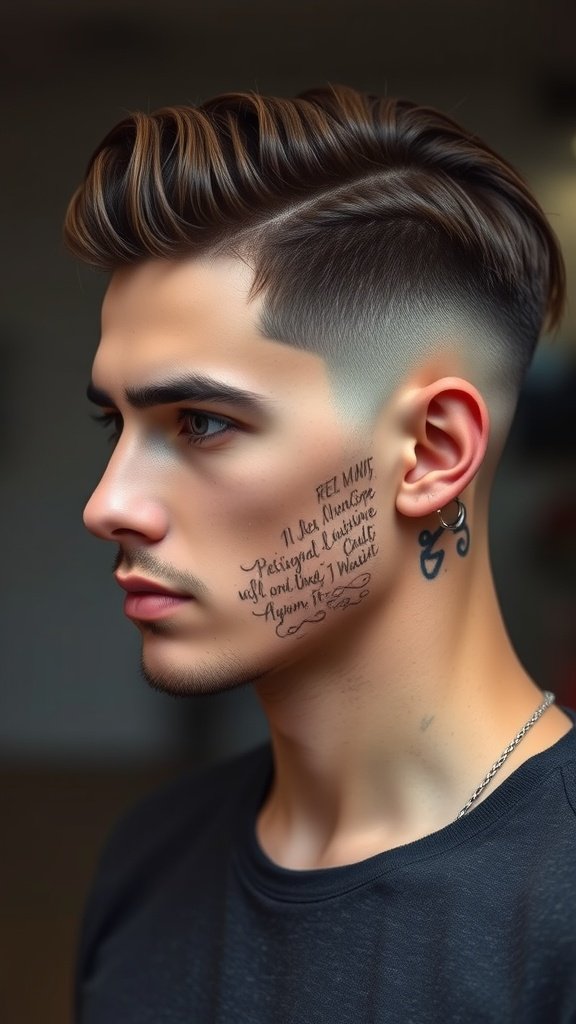 A young man showcasing a low taper fade haircut with a sideburn fade, featuring styled hair on top and a clean appearance.