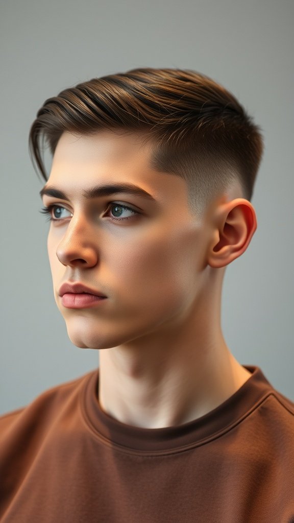 A young man with a low taper fade haircut and straight hair, showcasing a clean and stylish look.