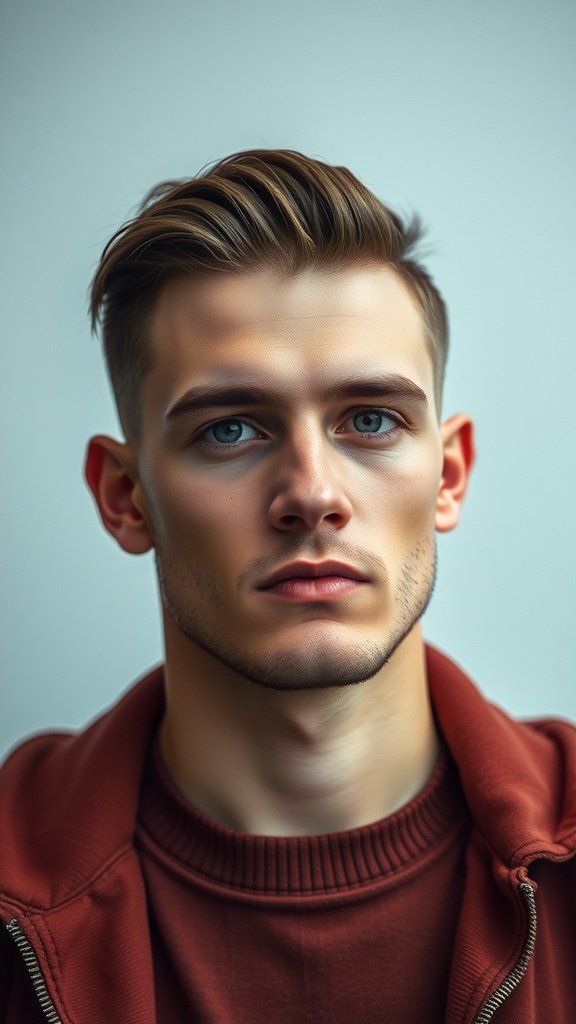 Young man with a low taper fade haircut, styled neatly with a confident expression.