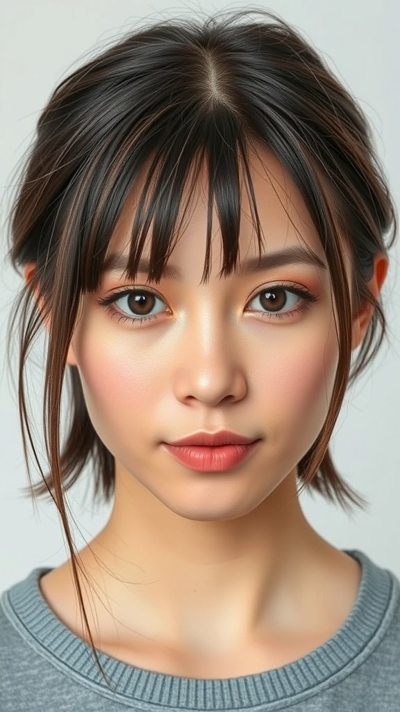 A young person with medium-length hair styled with a center part, showcasing a fresh and modern look.