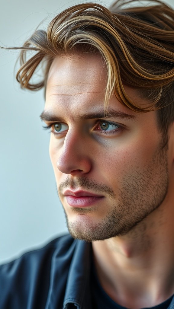 A close-up of a man with medium-length hair styled in soft waves, showcasing a relaxed and polished look.