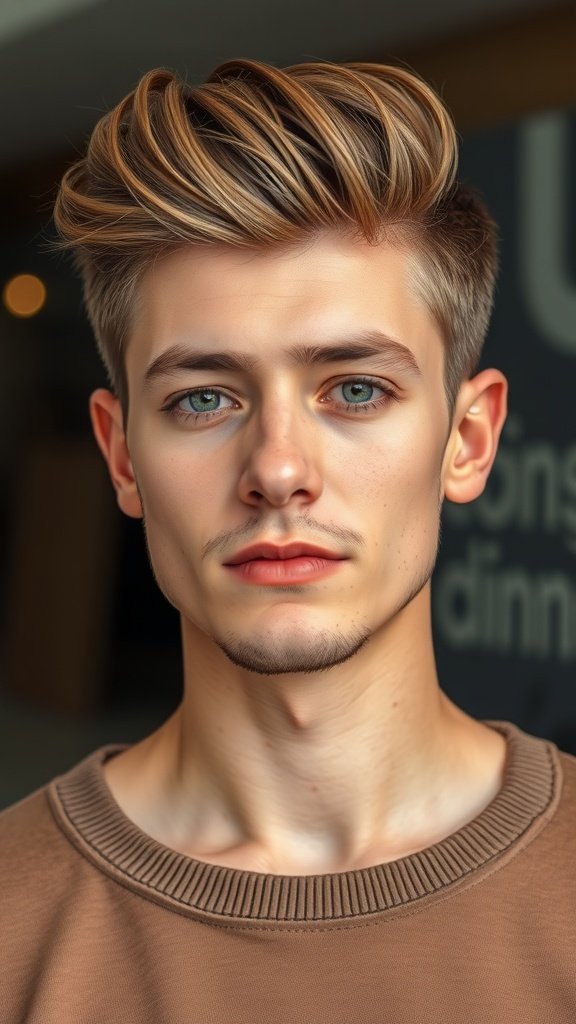 A young man with a medium-length textured quiff hairstyle, showcasing volume and style.