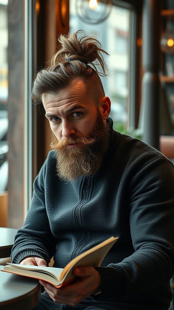 A man with a messy bun and a beard, sitting in a cozy café while reading a book.