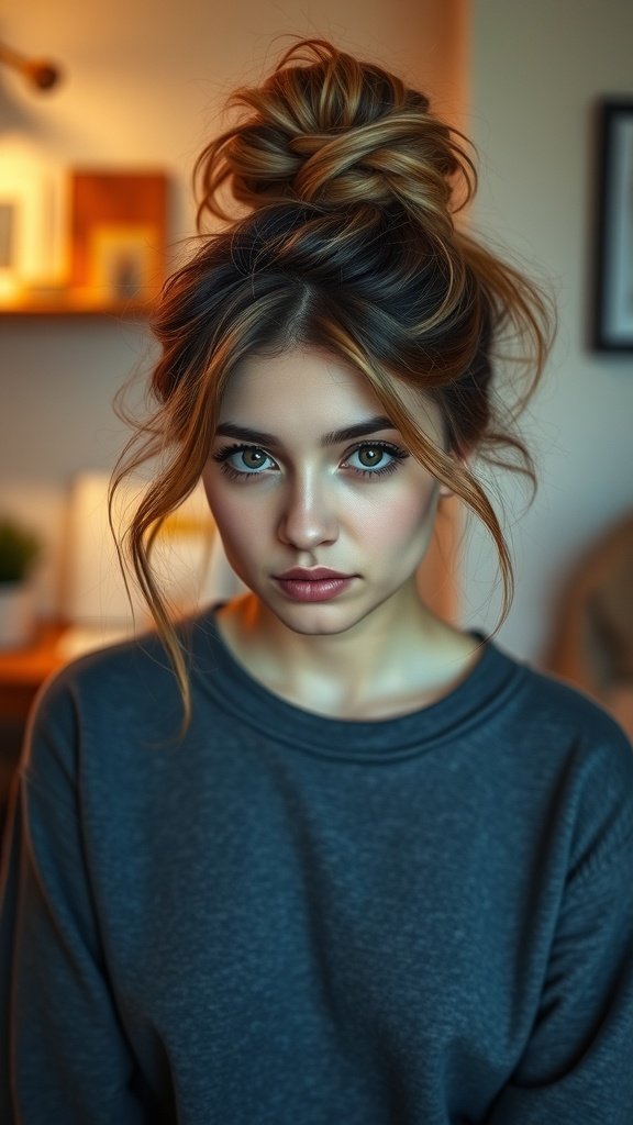 A woman with a messy bun hairstyle and face-framing layers, looking stylish and relaxed.