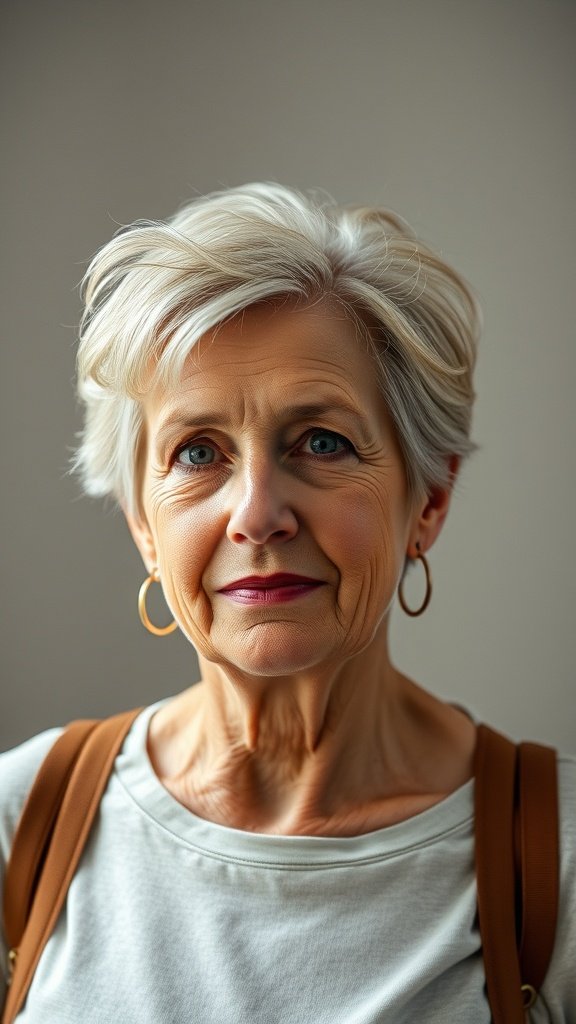 Older woman with short hair styled in a messy bun, showcasing a casual and elegant look.