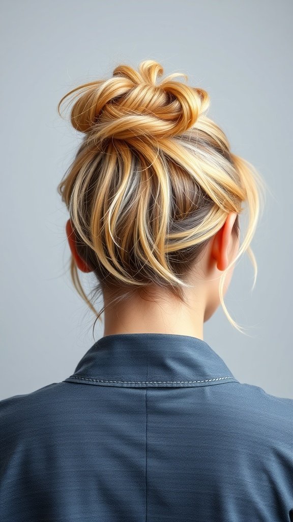 A stylish messy bun hairstyle with short sides for men.