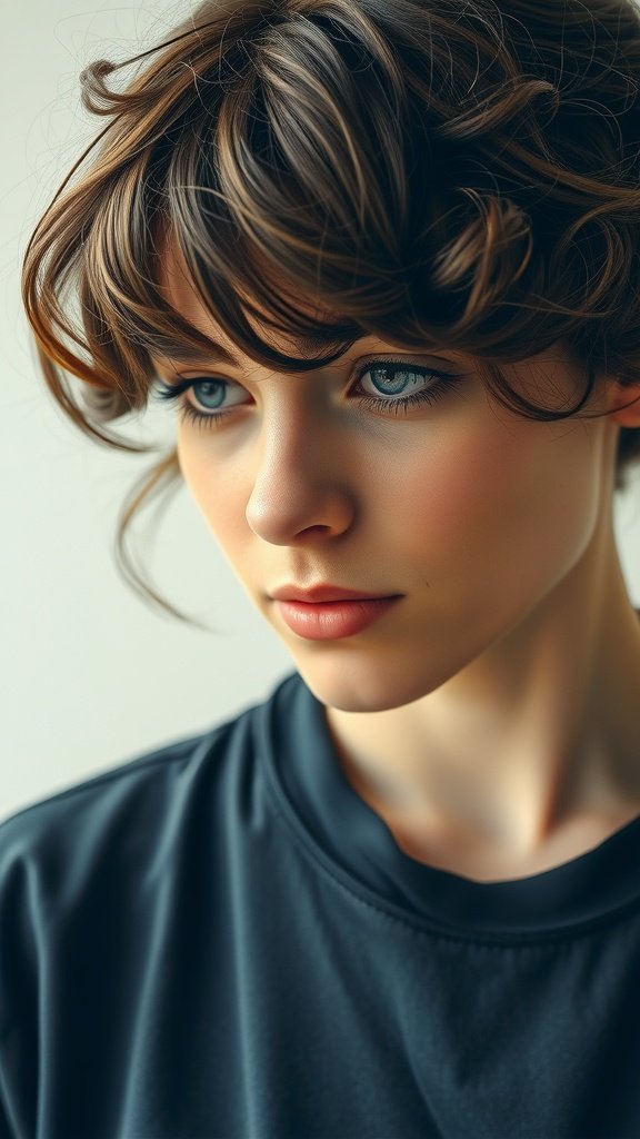 A close-up of a person with a messy curly fringe hairstyle, showcasing soft curls framing the face.