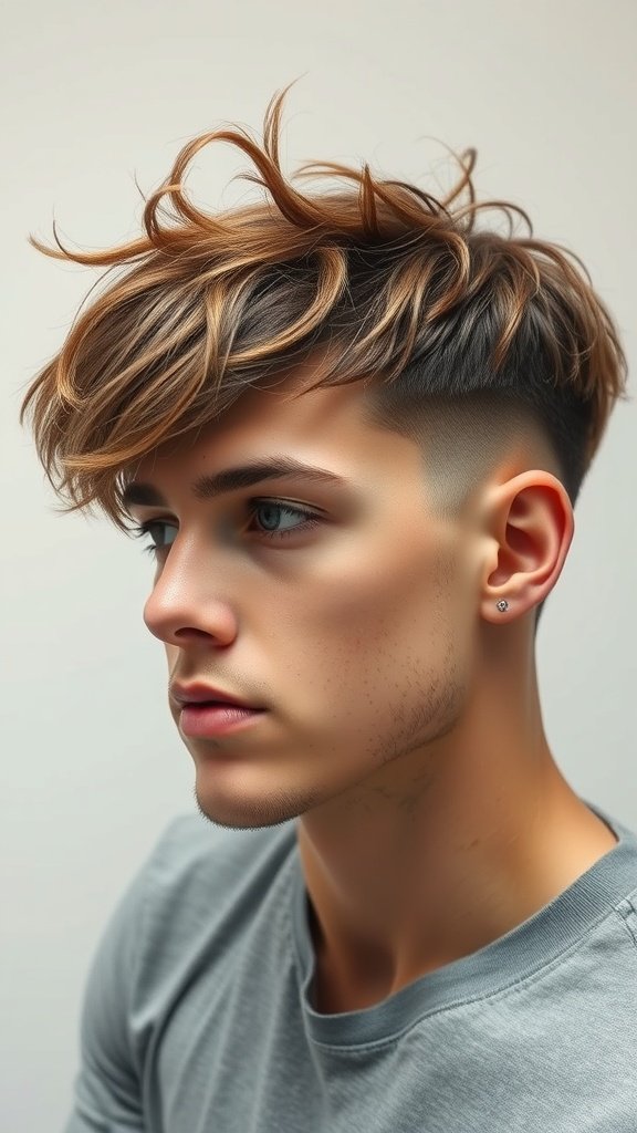 A young man with a messy drop fade haircut, featuring tousled hair on top and a gradual fade on the sides.