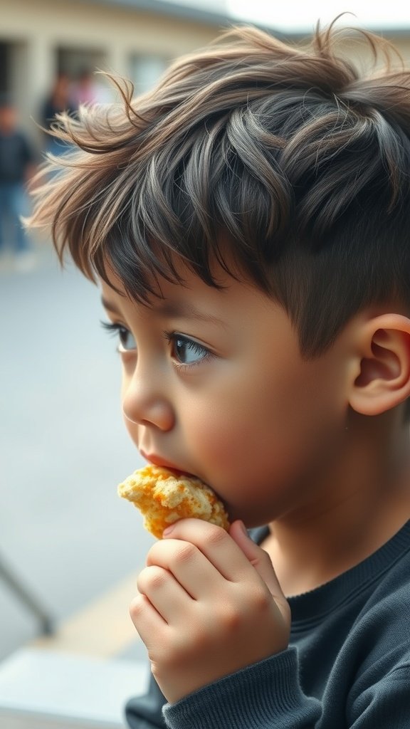 A young boy with a messy haircut, enjoying a snack.