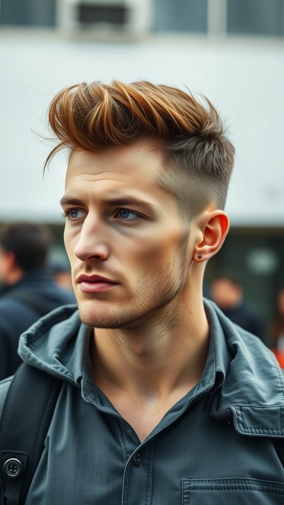 A young man with a messy quiff hairstyle, showcasing thick hair and a stylish appearance.
