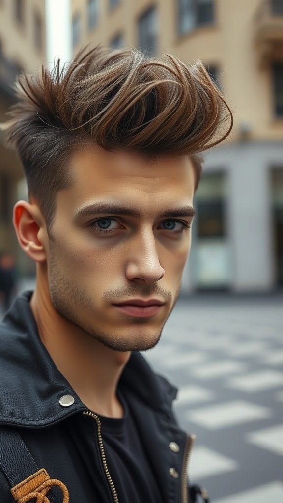 A young man with a messy quiff hairstyle, looking stylish and confident.
