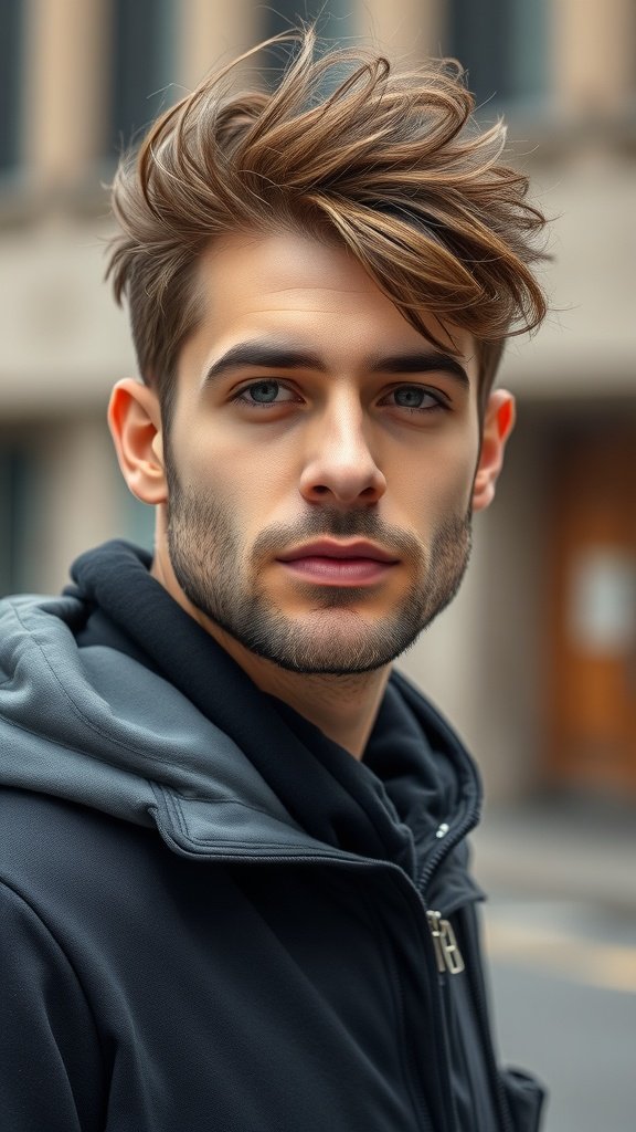 A young man with thick hair styled in a messy quiff, wearing a black hoodie, looking confidently at the camera.