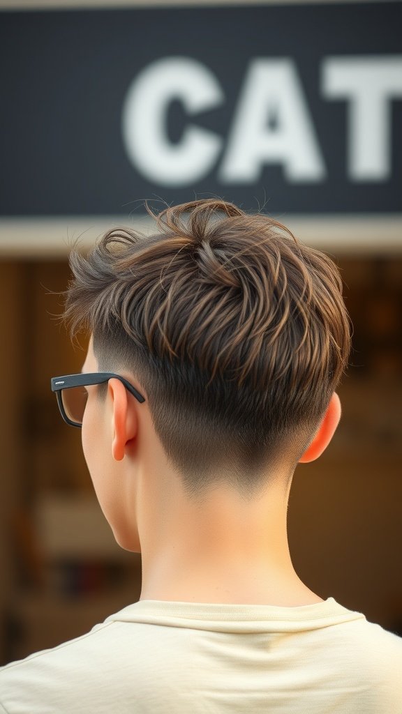 A young man with a messy top hairstyle and short back, showcasing a stylish haircut.