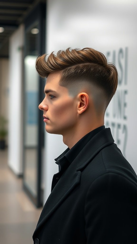 A young man with a mid fade haircut and side part, showcasing a stylish and modern look.