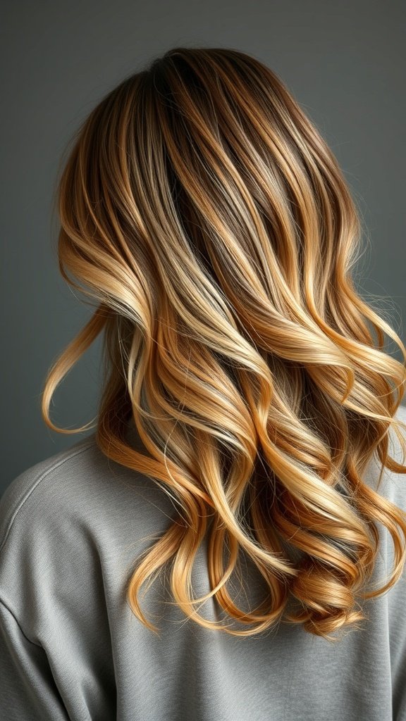 A close-up view of medium-length hair styled in soft waves with warm tones.