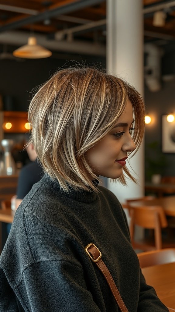 A woman with modern layered shag hairstyle, showcasing soft layers and subtle highlights.