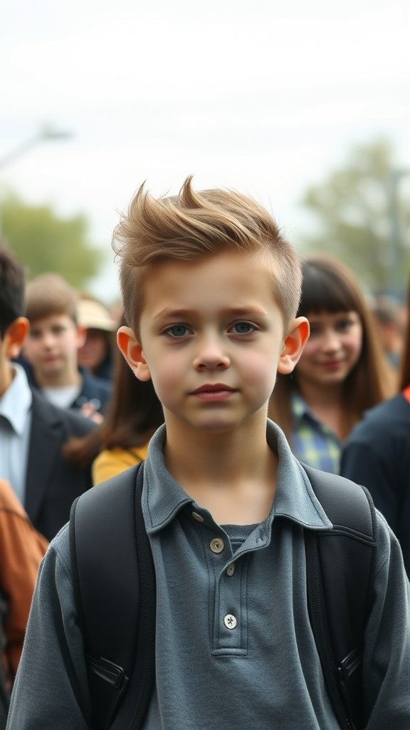 A young boy with a modern mullet hairstyle, wearing a gray shirt and a backpack, surrounded by other kids.