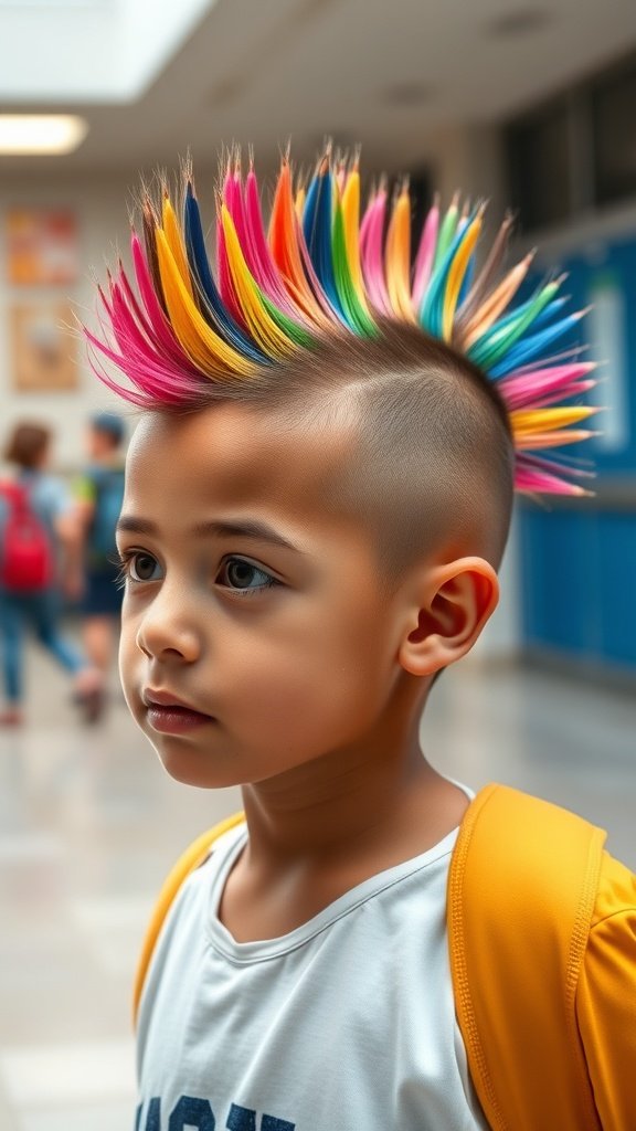 A young boy with a colorful Mohawk hairstyle, standing in a school hallway.