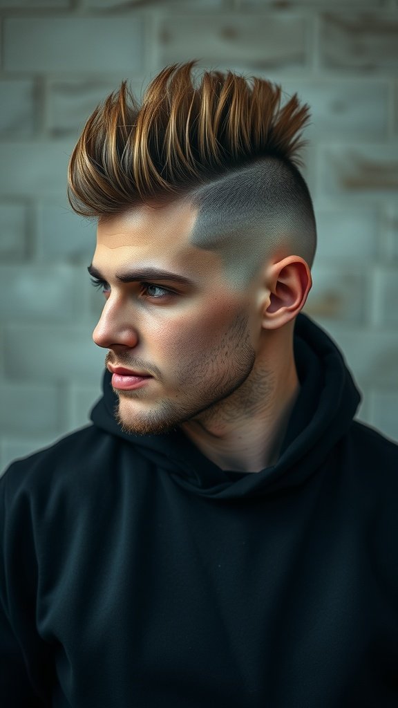 A young man with a stylish Mohawk hairstyle featuring a fade on the sides.