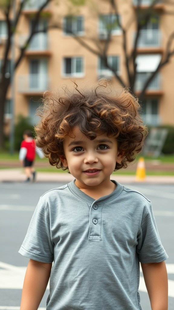 A young boy with curly hair smiling in a casual setting