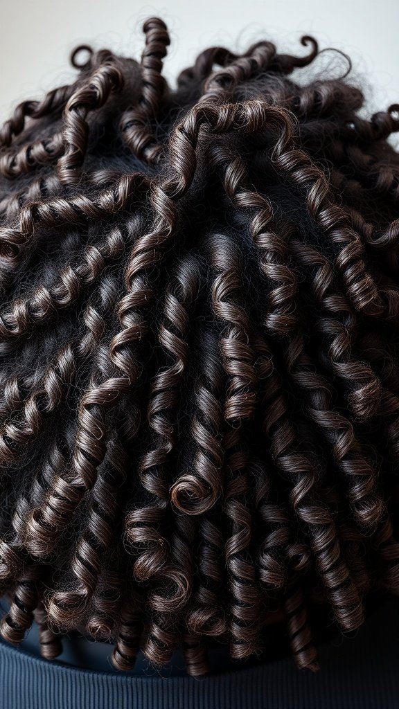 Close-up of natural curly hair with defined curls and volume