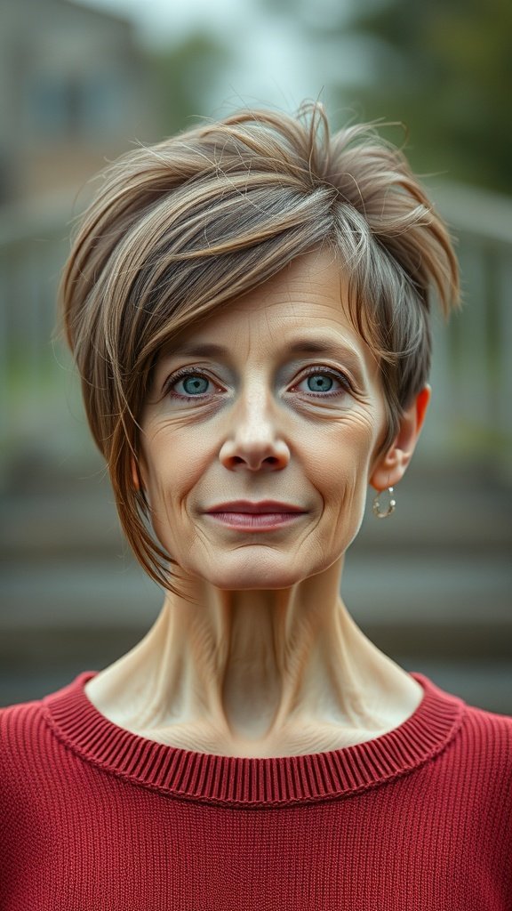 A woman with a pixie haircut featuring long side bangs, wearing a red sweater, looking confidently at the camera.