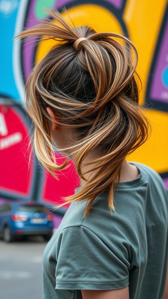 A woman with a playful layered ponytail, showcasing movement and texture against a colorful background.