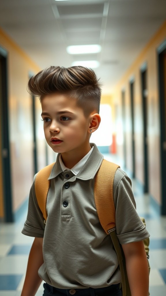 A young boy with a pompadour hairstyle walking in a school hallway