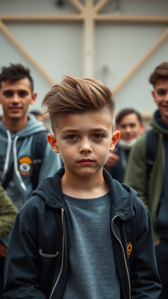 A boy with a pompadour haircut and fade, looking stylish and confident.