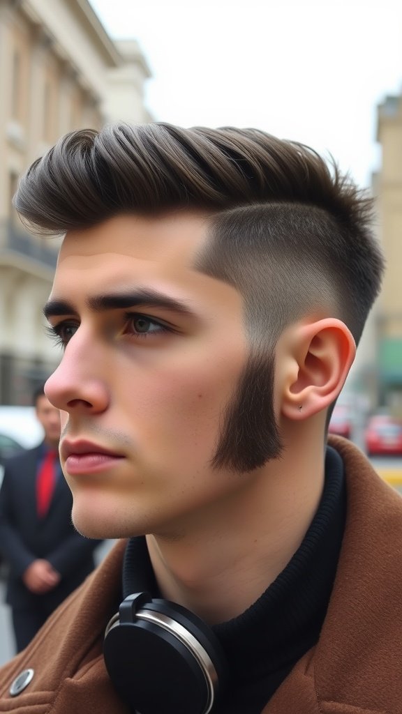 A young man with a stylish pompadour haircut and long sideburns, wearing headphones and a brown coat.