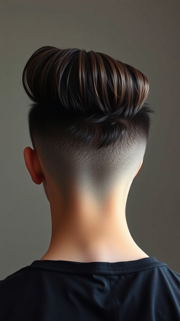 A stylish pompadour hairstyle with a low taper fade, showcasing a voluminous top and clean sides.