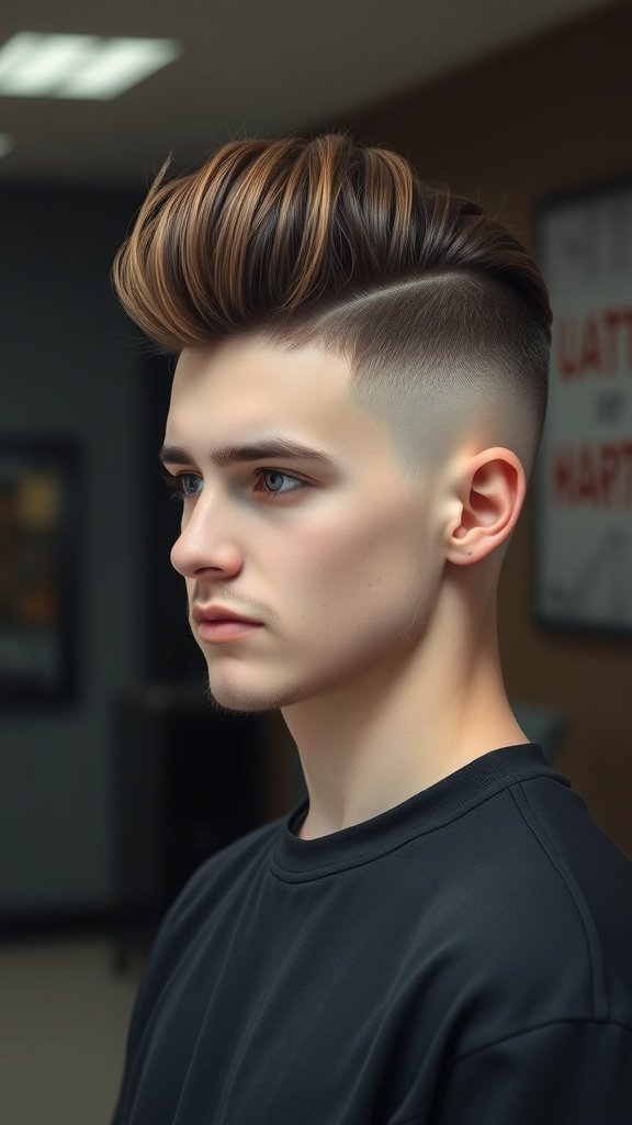 A young man with a pompadour hairstyle and taper fade, showcasing a stylish and modern look.