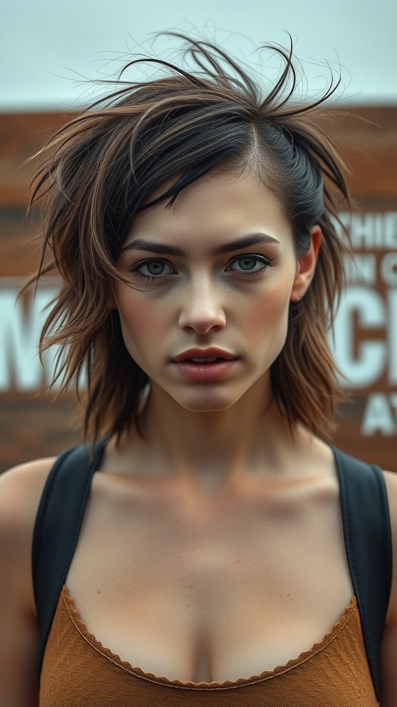 A woman with a punky textured shoulder-length hairstyle, featuring choppy layers and a tousled finish.